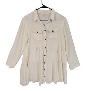 Umgee Boho Tunic Top sz L Women Cream Button Down Tiered Long Sleeve Gauzy Flowy